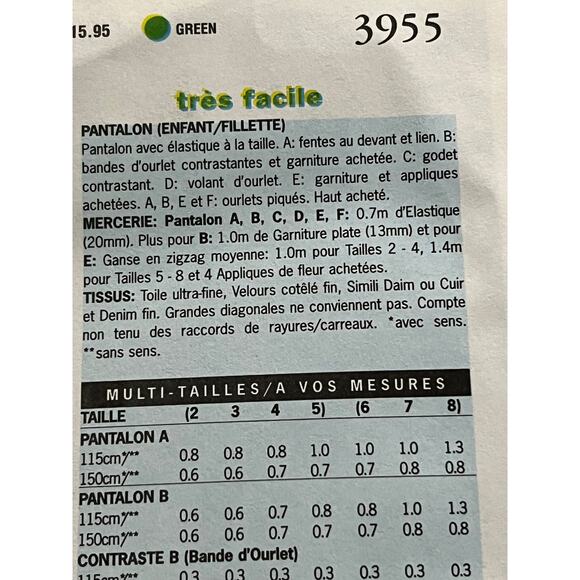 Butterick 3955 pattern girls pants size 6 7 8 - Picture 6 of 6